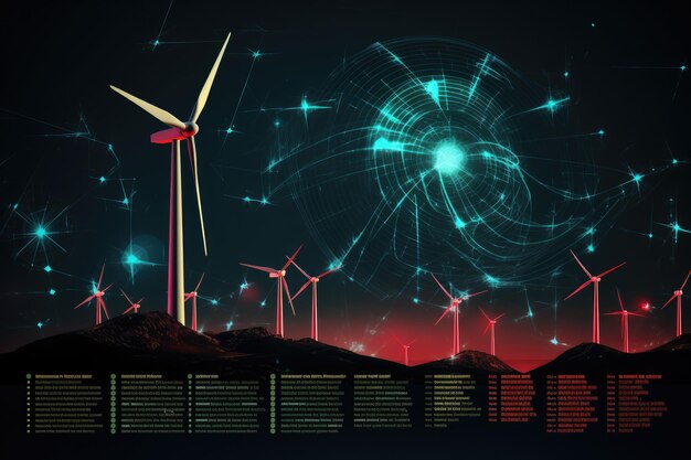 Photo wind turbines infographic concept renewable energy background with green energy generative ai