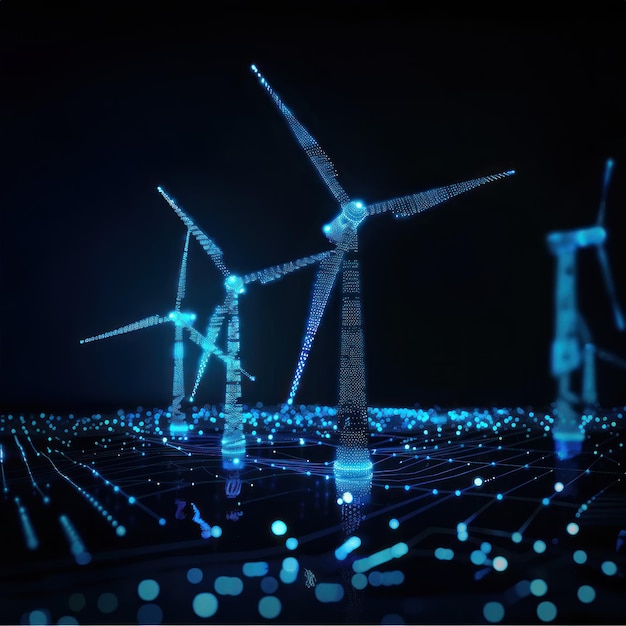 Wind turbines made by glowing blue digital lines generating sustainable energy