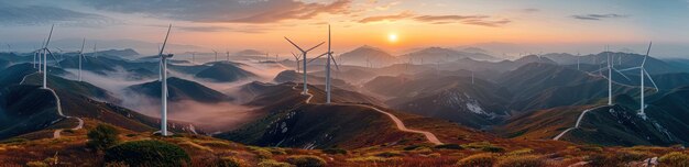 Photo wind turbines in a majestic mountain landscape at sunrise