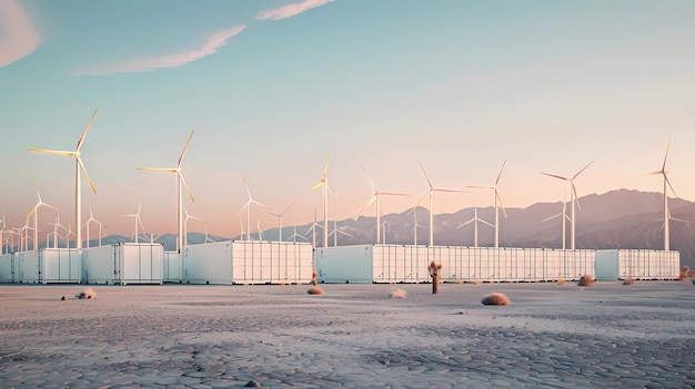 Wind turbines in the middle of a desert with mountains in the background Generative AI illustration