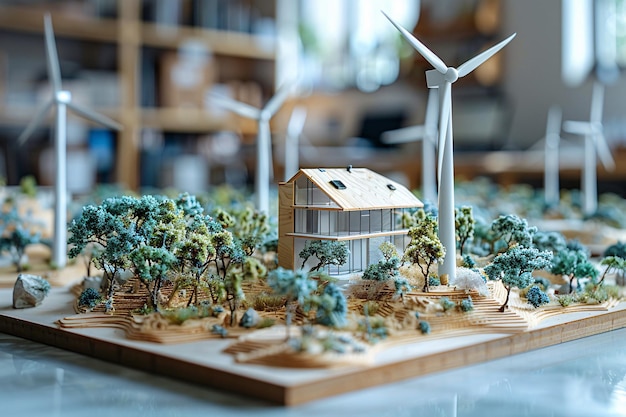 Photo wind turbines and model houses on an architectural plan renewable energy development project