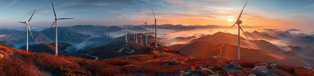 Photo wind turbines in mountainous landscape at sunset