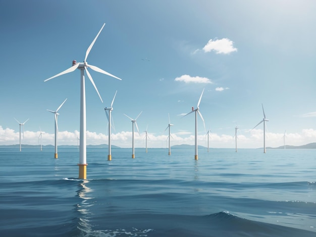 Wind Turbines on the Ocean 3D Rendering in the Horizon