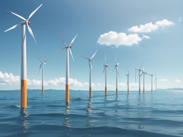 Wind Turbines on the Ocean 3D Rendering in the Horizon