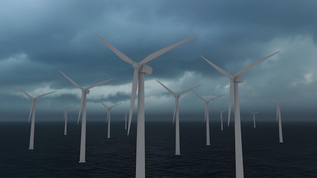 Wind turbines in the ocean at sunset