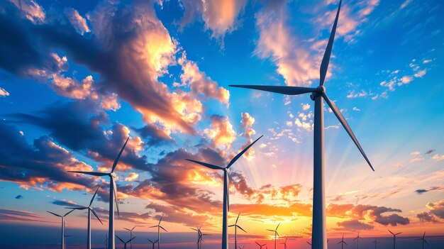 Wind turbines power plant at sunset are alternative electricity the concept of sustainable resources Green energy concept to reduce global warming and climate change and pollution