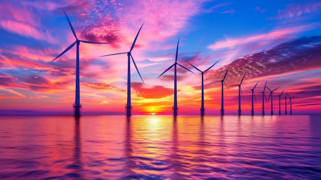 Wind turbines power plant at sunset are alternative electricity the concept of sustainable resources Green energy concept to reduce global warming and climate change and pollution