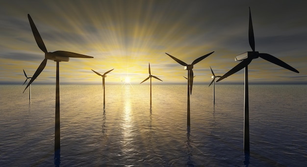 Wind turbines in the sea on a background of mountains and sunset. 3d render.