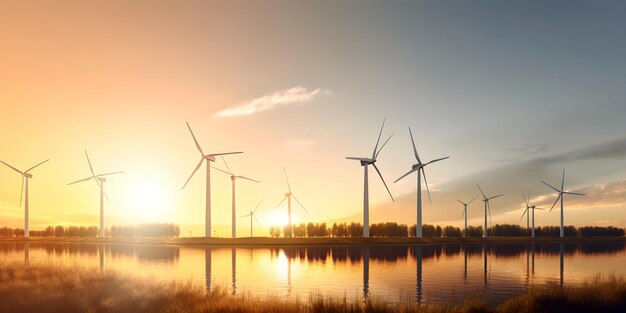 Wind turbines on the shore of the lake renewable energy concept Generative AI content