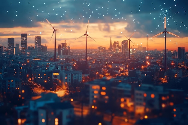 Photo wind turbines silhouette over a cityscape at sunset