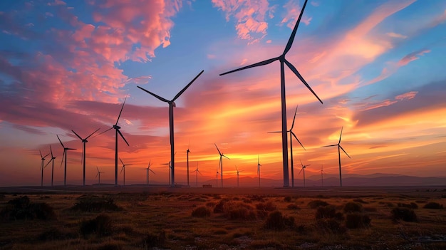 Wind turbines silhouetted against a vibrant sunset sky