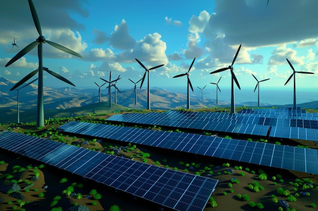 Wind turbines and solar panels under a cloudy sky showcasing the potential of renewable energy tech