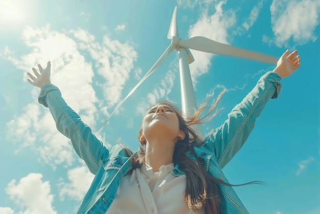 Wind turbines spin to provide sustainable power Woman with outstretched hands