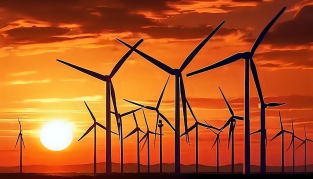 Wind turbines spinning majestically against a backdrop of a vibrant orange sunset AI Generativ