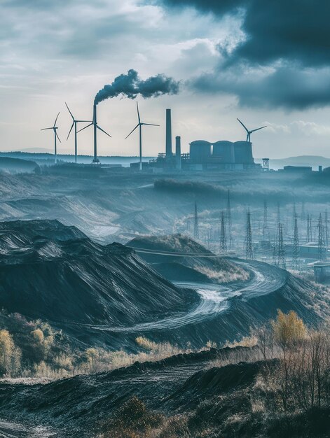 Photo wind turbines stand tall against the backdrop of closed coal mines and old factories illustrating the shift to sustainable energy practices generative ai