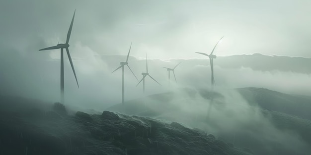 The wind turbines stand tall and proud in the misty landscape