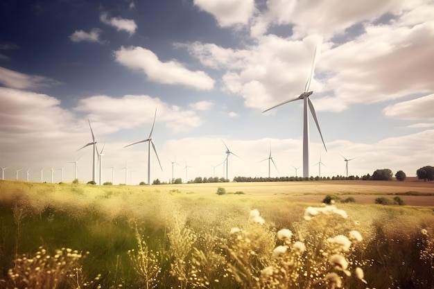 Wind turbines in summer field with sunlight renewable energy concept Generative AI