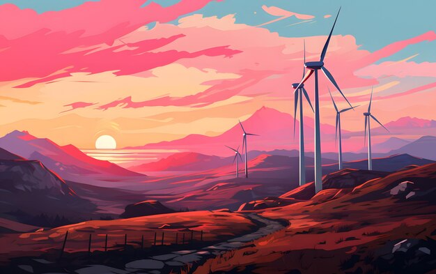 Photo wind turbines at sunset illustration background