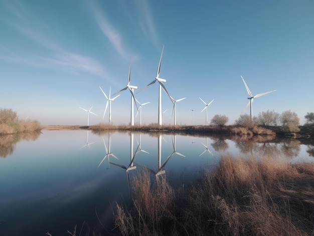 Wind turbines on the water with the sky in the background