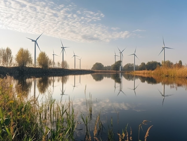 Wind turbines on the water with the sky in the background