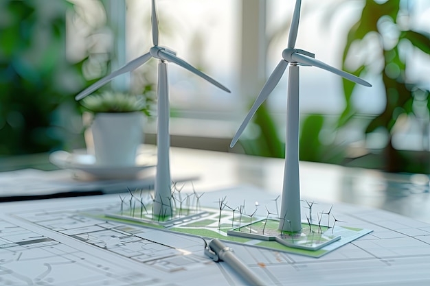 Photo wind turbines with architectural plans for green architecture