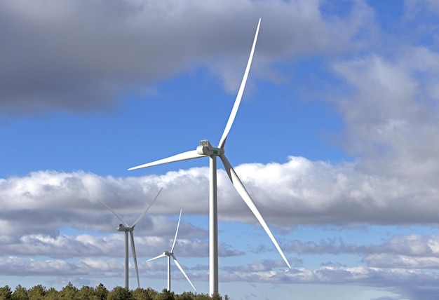 Wind turbines with blue sky and clouds, renewable wind energy