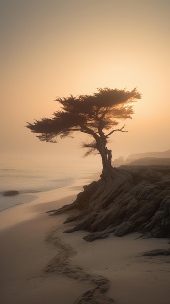 Windblown Coastal Cypress Tree At Sunset