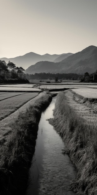 Windblown Stream In Rice Fields Captivating Black And White Photography