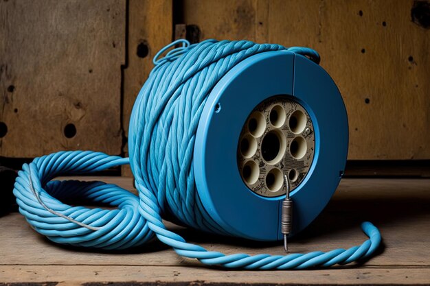 Winded on a backdrop of a wooden coil is a fresh blue power wire