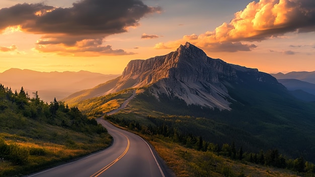 Photo winding asphalt road leading up to a mountain peak with a beautiful sunset in the sky