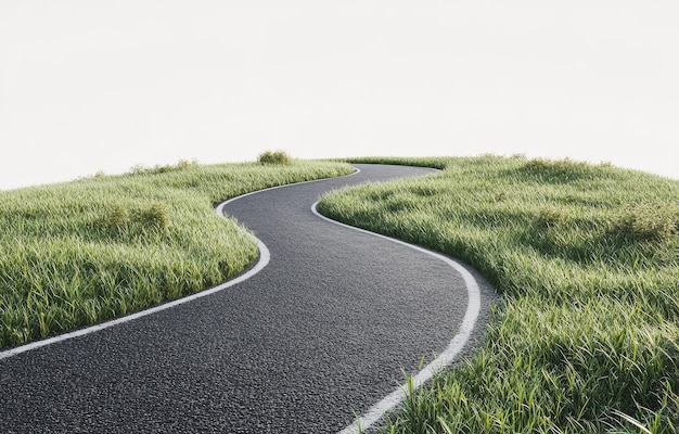 Photo a winding asphalt road with white lines runs through a field of lush green grass