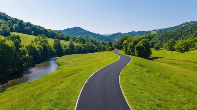 Photo winding country road alongside serene river