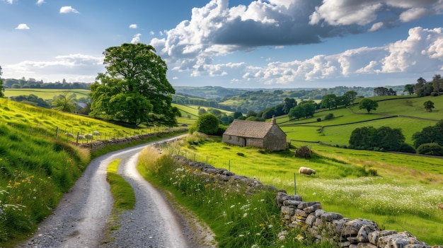 A winding country road leads to a cozy stone cottage nestled in a lush green valley surrounded by trees and fields