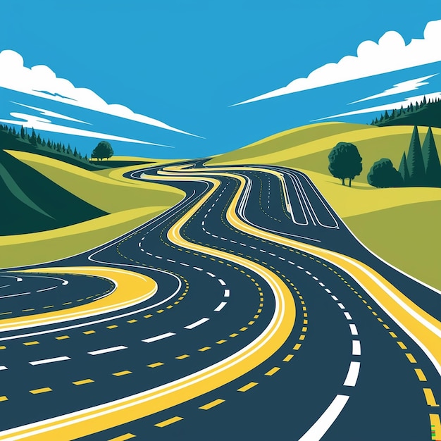 Photo winding curved road or highway with markings road transportation illustration