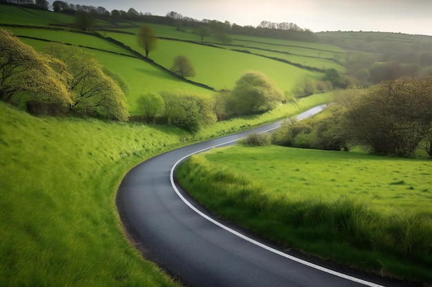 Winding curvy rural road leading through nature landscapes