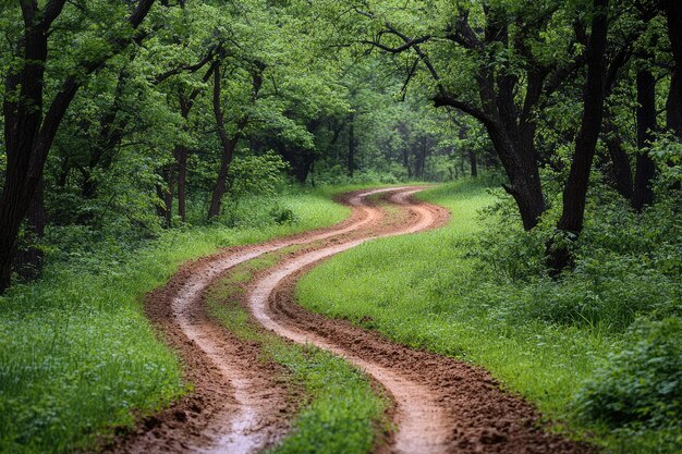 Photo winding dirt path through a lush green forest