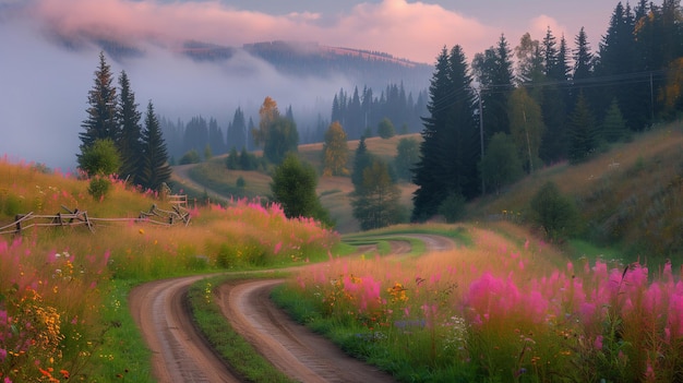 A winding dirt road leads through mountains surrounded by colorful wildflowers and pine trees