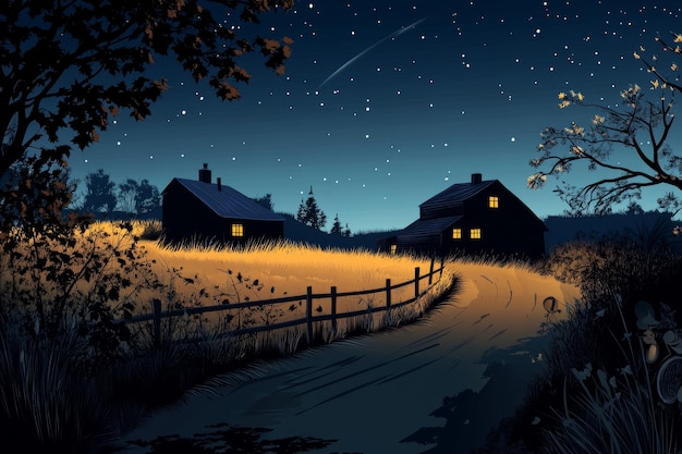 A winding dirt road leads to two cozy houses with lit windows set against a backdrop of a starry night sky with a shooting star