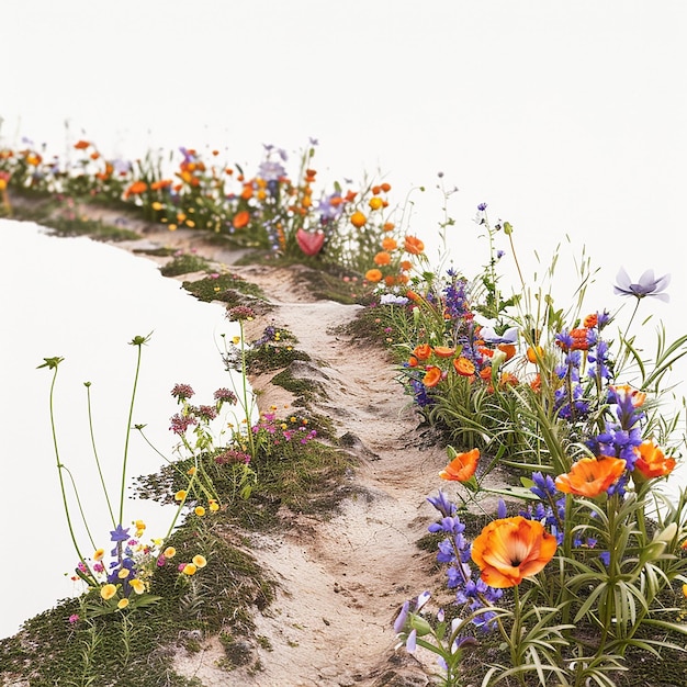 Photo a winding flower path left on the soil where various beautiful flowers bloom from far to near