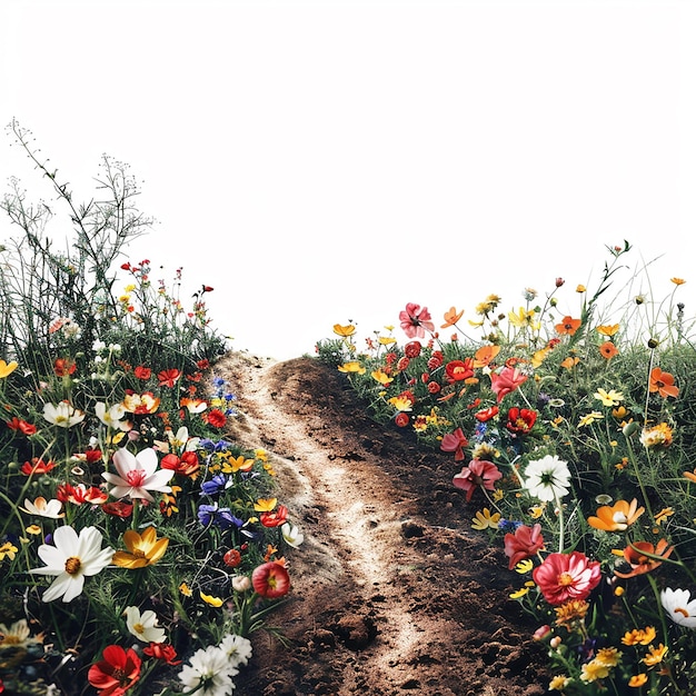 Photo a winding flower path left on the soil where various beautiful flowers bloom from far to near