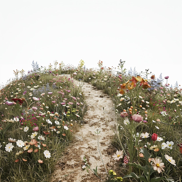 Photo a winding flower path left on the soil where various beautiful flowers bloom from far to near