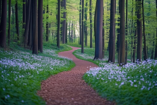 Photo a winding forest path surrounded by greenery and blooming flowers during a serene spring day