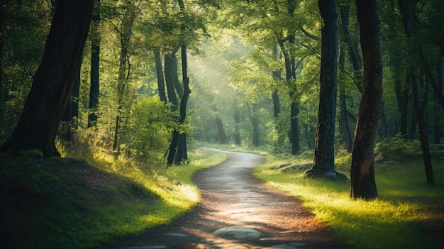 Winding forest path with sunlight filtering through trees