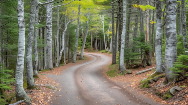 Winding forest road with autumn leaves