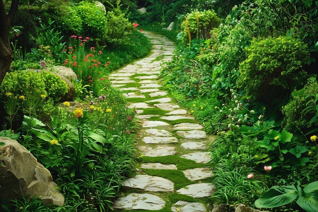 A winding garden path lined with lush emeraldgreen foliage and fragrant blooms