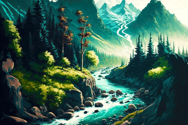 Winding mountain river flowing among mountains overgrown with greenery and trees