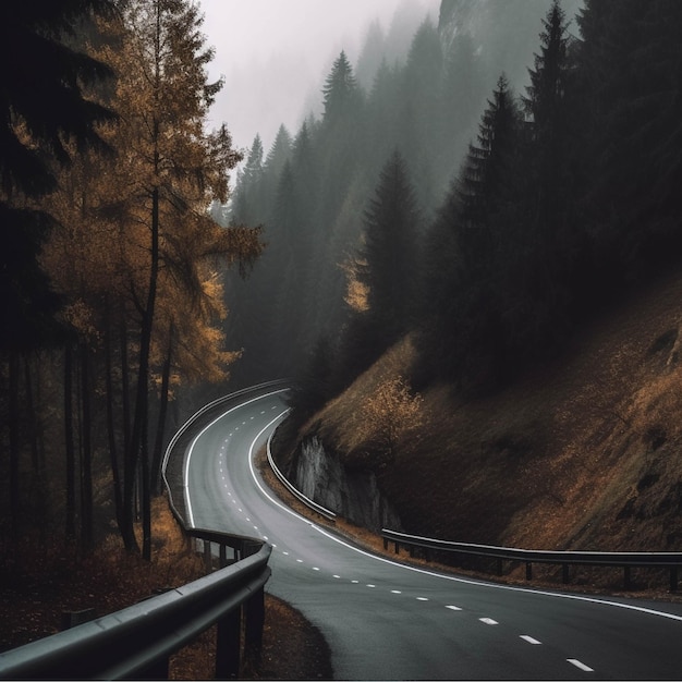 Winding mountain road in the foggy forest Autumn landscape