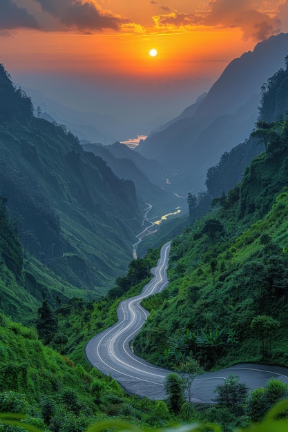 Winding Mountain Road at Sunset in Lush Green Valley