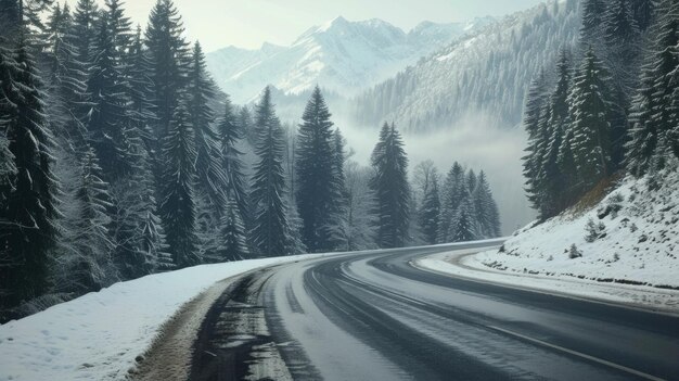 A winding mountain road with tall trees on either side despite the cold temperatures the road is