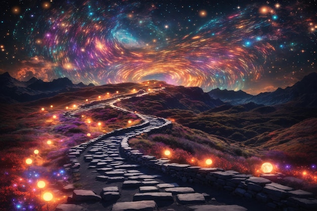 Photo a winding path illuminated by a million stars glowing path scenery wallpaper sparkling forest pathway at night fairy tale wallpaper fantasy landscape ai generative